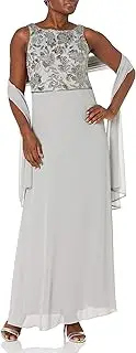 [J Kara] Women's Sleeveless, Floral Beaded Long Dress