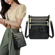 Genuine Leather Crossbody Shoulder Bag Multi-Compartment Water-resistant Handbag-Black
