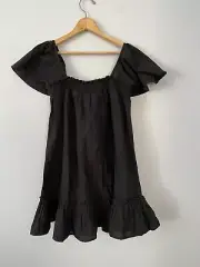 NWT Cotton On Florence Tunic Mini Dress, Black Cotton Linen Blend Flutter Sleeve