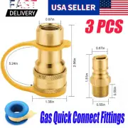 3 PCS Solid Brass QCC1 Propane Gas Fitting Adapter 1/2" Male Insert Plug Connect