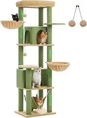 PAWZ Road Cat Tree, 181cm Cat Tower for Indoor Large Cats, Cat Furniture with 2 Spacious Cat Condo, Large Top Perch,2 Hammock(Dia=35cm), 2 Round Perches,Sisal Covered Scratching Post.Grey