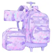 3Pcs Rolling Backpack for Girls, 19 Inche Women Roller Bag with Tie-dye Purple