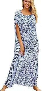 [L-Peach] Women's Floral Embroidery Kimono Long Dress Maxi Kaftan Summer Beach Boho Cover up Tops