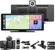 [KTX] 10.26 Inch CarPlay & Android Auto Screen with 4K Dash Cam, Wireless AirPlay, GPS Navigation, Backup Camera, Bluetooth, Portable HD IPS Display with FM/AUX – for All Cars & Trucks