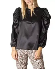 Sandro Ferrone Puff Sleeve Satin Blouse Model Black Women Shirts