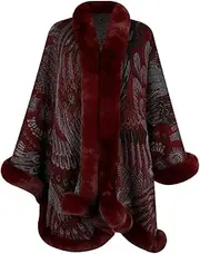 [BAILEYU] Women Knitted Cape Coat Peacock Flower Warm Cardigan Poncho Faux Fur Shawl Cloak Oversize Wrap Stole for Autumn Winter,Red,One Size