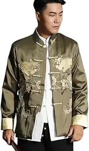 [JSJTAMUS] Tang Suit Men Silk Striped Dragon,Chinese Traditional Clothes Long Sleeve Top,Tai Chi Clothing,Wing Chun Kung Fu Clothes