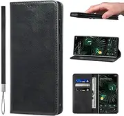 LANJLM Google Pixel 6 Case with Wrist Strap PU Leather Wallet Case Card Holder Shockproof Flip Cover - Black