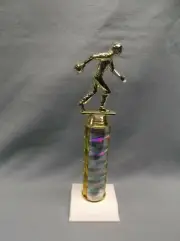 BOWLING male silver column trophy award weighted white base