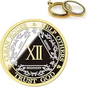 Affirmation Sobriety Coin Gift Set | Silver & Gold AA Chip Medallion with Token Capsule, Stand & Card | Sobriety Gifts for Anniversary Month & Year for Men & Women in Recovery (Twelve Years)