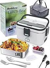Buddew Electric Lunch Box 80W Food Heater 1.8L Large Capacity Heated Lunch Box 3 in 1 12V/24V/110-230V Portable Lunch Warmer for Car/Truck/Home/Office with Carry Bag and Fork and Spoon (Gray)