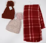 Time & Tru Womens Ladies 3 Piece Pom Beanie Hats Blanket Wrap Set One Size NEW