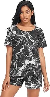 [RPLIFE] Black Marble White Veins Sleepwear Sets for Women, Matching Women Set, Black Marble White Veins, Medium