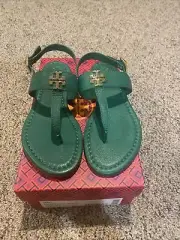 Tory Burch Laura Flat Leather Sandals With Gold Logo Size: 7.5