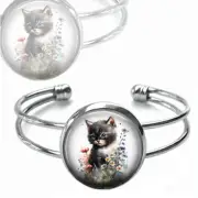 Tuxedo Cat Vintage Watercolor Floral Art Print Cuff Bracelet Cat Lover Gift