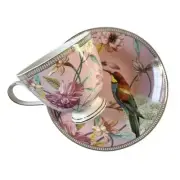 Grace Teaware Pink Floral Bird Fine Porcelain Teacup & Saucer Set Gift NEW