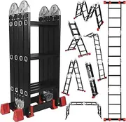 7 in1 Folding Ladder Folding Adjustable Telescoping Aluminium Extension Ladder with Non-Slip Wide Pedal and Safety Locking 330lbs Capacity Sturdy Ladder for Home and Outdoor Work (12Feet)
