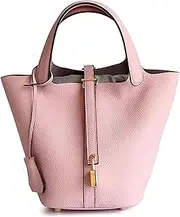 [COSENGA] Genuine Leather Bucket Bag for Women Stylish Lock Design Small Satchel Purses Handbags Daily Casual Soft Shoulder Bags