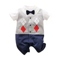在飛比找momo購物網優惠-【JoyNa】造型連身短袖包屁衣 童裝 嬰兒連身衣 格子紳士
