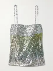 [IN THE MOOD FOR LOVE] IN THE MOOD FOR LOVE - Elody Chain-embellished Sequined Tulle Top - Silver - medium medium Silver