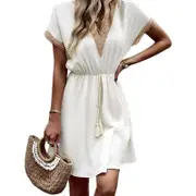 V Neck Waist Drawstring Loose Dress