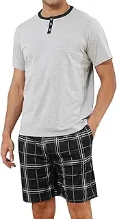 [Reliwel] Mens Pajama Set Cotton Summer Pajamas Short Sleeve Henley Shirts & Shorts Pjs Sets Loungewear Sets with Pockets