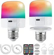 FTL Rechargeable Light Bulbs with Remote, E27 RGB LED Colour Changing USB Battery Operated Backup Bulb for Lamps and Sconces, Magnetically Detachable Wireless Non-Hardwired, 2-Pack