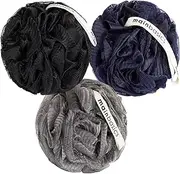 MainBasics Bath Shower Loofah Sponge Pouf Body Scrubber Exfoliator Body Wash Sponge (Set of 3, Black Ice)