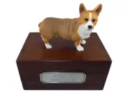 Beautiful Paulownia Wood Personalized Urn with Pembroke Welsh Corgi Figurine
