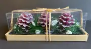 Crate & Barrel 3 Inch Pine Cone Candles Greenery Boxed Set of 3 NEW