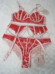 BRAS N THINGS ENCHANTED CHLOE PINK & RED BRA 12B SUSPENDER & BRIEF SIZE 10 BNWT