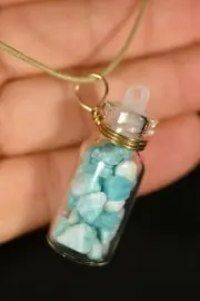 *GEMSTONE VIAL* Amazonite Pendant +Cord Tumbled Stones Wire Wrapped