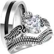 His Her Wedding Engagement Ring Set Unique Black White Heart Wings Silver Steel