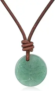 [COAI] Italian Leather Necklace Brown with Tree of Life Pendant Made of Green Aventurine for Men and Women, 50cm, Stone, Aventurine