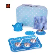 Blue Polka Dot Childrens Tin Tinplate Tea Set Tray Teapot, cups, plates, spoons