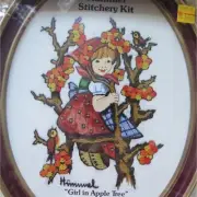 Vintage HUMMEL 70s Crewel Embroidery Kit by Gallery Crafts Girl in Apple Tree wi