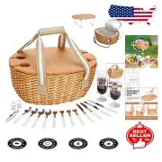 4-Person Insulated Willow Picnic Basket with Portable Folding Table & Tableware