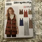 Pattern Simplicity Pattern Woman Lined Vests Sz L-XL OOP Uncut FF