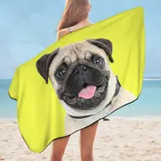 Yellow Background Cute Pug Dog Microfiber Beach Towel