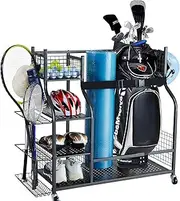 VEVOR Golf Storage Garage Organizer, 2 Golf Bag Stand Holder and Other Sports Equipment Storage Rack, Rolling Ball Cart on Wheels, Outdoor Sport Gear and Toy Storage with Baskets & Hooks, Steel, Black