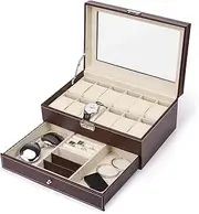 [TOMVAES] 12 Slots Watch Box Watch Case for Men Women, Mens Jewelry Box Organizer Watch Holder Display Case with Drawer, PU Leather Watch Storage Boxes with Glass Lid and Pillow