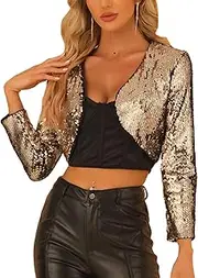 Allegra K Women's Sequin Shrug Party Long Sleeve Open Front Cropped Bolero