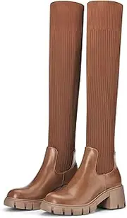 [NEWBELLA] Women's High Knee Boots, Stretch Knit High Sock Boot, Chunky Block Heel, Brown, 6 Narrow
