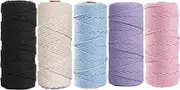 5 Rolls Natural Macrame Cord, BetterJonny 3mm x 270 Yards Colored Macrame Rope, 4 Strand Twisted Cotton Rope Macrame Yarn, Colorful Cotton Craft Cord for Wall Hanging, Plant Hangers, Knitting, DIY