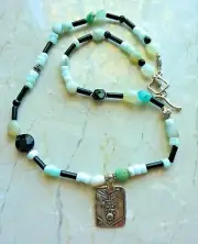 Natural Peruvian OPAL Black ONYX Whimsy Pendant .925 SS Necklace