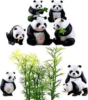 Ymeibe 8 PCS Solid Panda Figurines Set with 10 Bamboo Trees Cake Topper DIY Kits Realistic Cute Panda Ornament Birthday Party Decorations Supplies