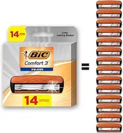 BIC Comfort 3 Refillable Refill Razor Cartridges, Three-Blade Disposable Razors for Men, Sensitive Skin Razor for a Comfortable Shave, 14 Razor Refill Cartridges