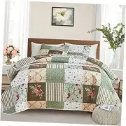 Patchwork Quilt Set King Size, 3 Pieces Green Floral Plaid Summer Bedspread