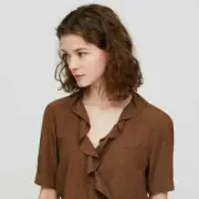 UNIQLO RAYON CREPE SHORT-SLEEVE BLOUSE (INES DE LA FRESSANGE), BROWN, XL