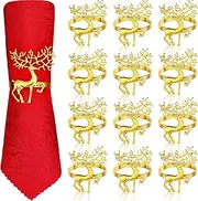WILLBOND 12 Pieces Deer Napkin Rings Stag Napkin Rings Holders Reindeer Metal Serviette Buckles for Christmas Party Table Decoration and Home Dining Kitchen Table Linen Accessories (Gold)